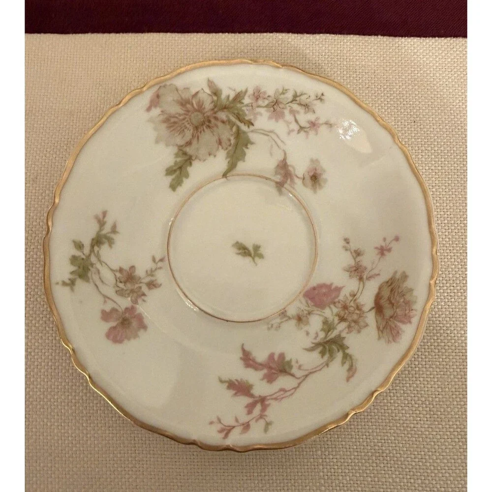 Vintage Haviland Limoges Poppy Porcelain Footed Teacup and Saucer Set Gold Trim
